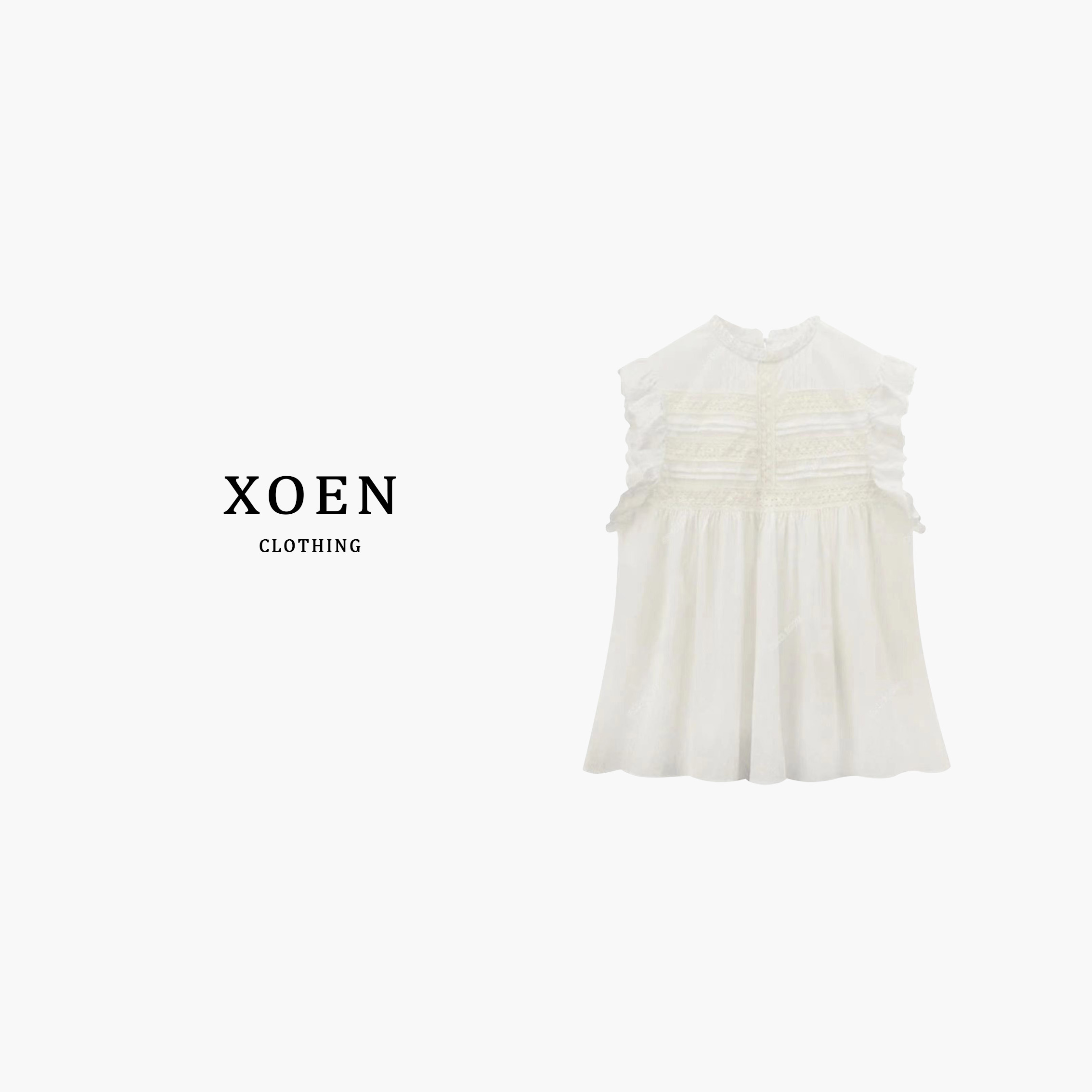 XOEN【萌袖甜衫】无袖衬衫 夏季法式木耳花边拼接荷花领棉质上衣