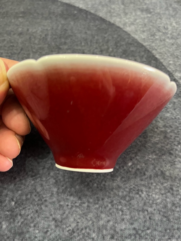 景德镇高温柴窑手工郎红釉大口斗笠杯