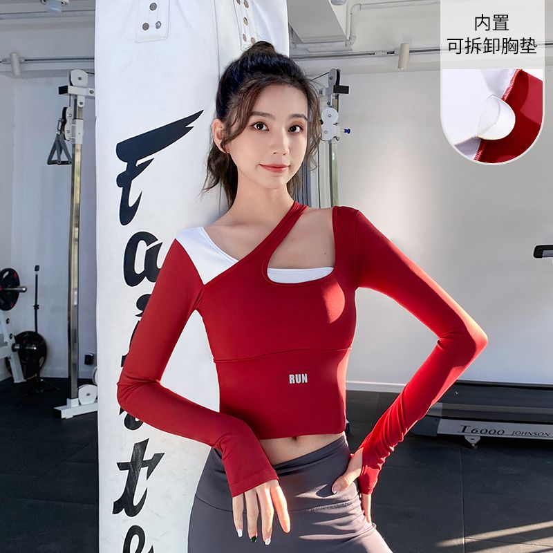 2024春秋假两件带胸垫跑步运动长袖t恤紧身速干健身瑜伽服上衣女