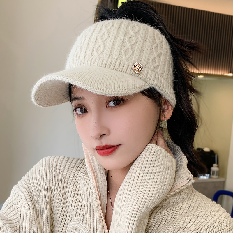 空顶帽女秋冬兔毛针织加绒加厚运动帽骑行跑步时尚百搭保暖帽