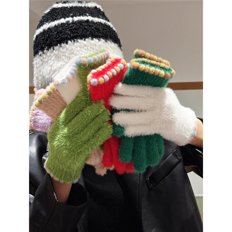 2023新款韩系可爱毛绒手套女冬季加厚保暖防寒露指可触屏手套学生