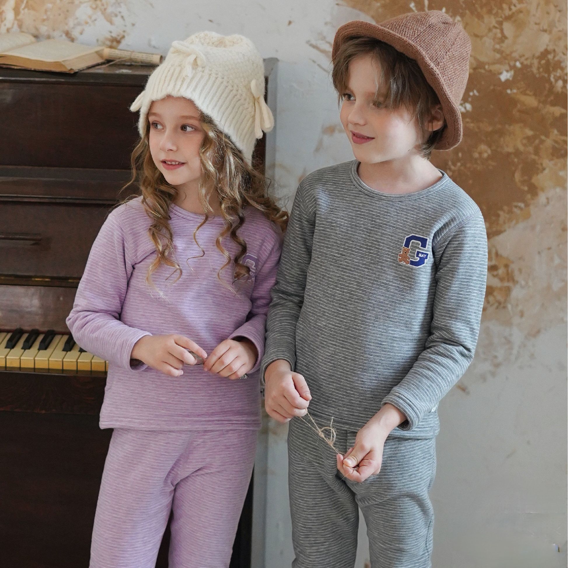 【双层蚕丝羊绒套】益友小蚂蚁儿童保暖内衣男女童学生发热透气加厚