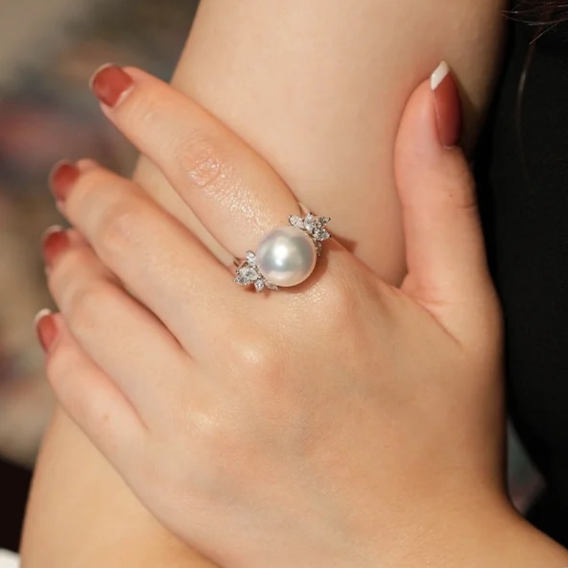 【玥白丽】13-14mm新冰雪女王戒指赛澳白爱迪生淡水微瑕珍珠大龙珠