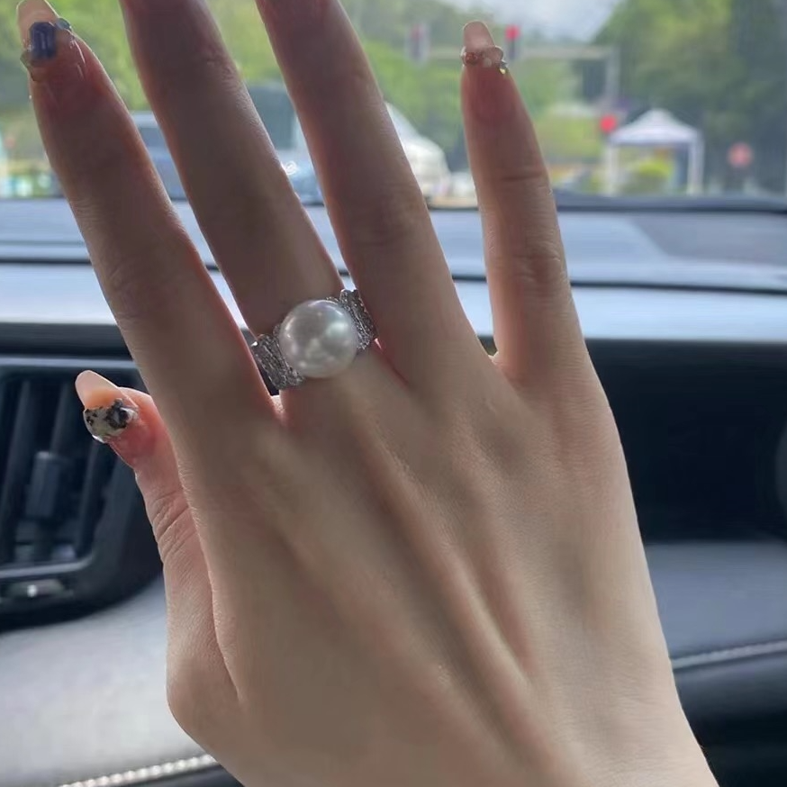 【玥白丽特】月光灵动6A极光赛澳白珍珠戒指11-12mm爱迪生正圆开口