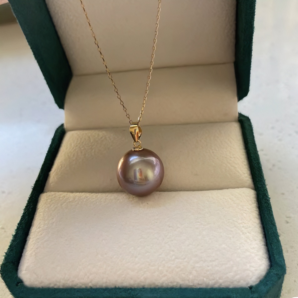 【玥白丽】6A紫珠12-13/14mm极光18k金吊坠正圆爱迪生微瑕珍珠项链