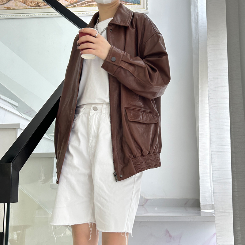 新款进口绵羊皮真皮衣外套高级感女美式复古宽松皮夹克大码胖mm潮