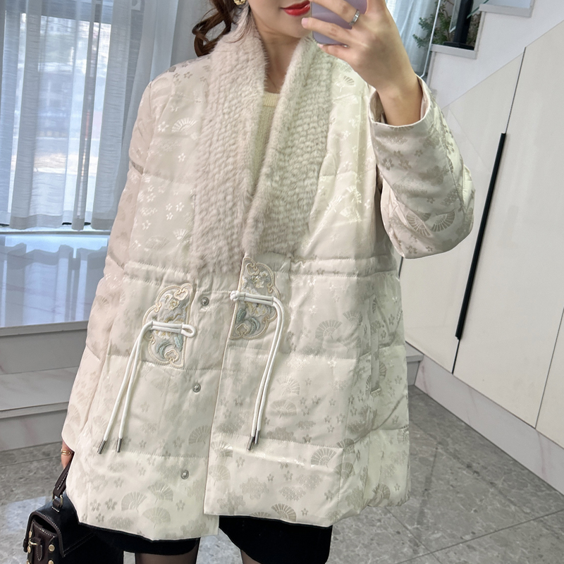 欧货新款新中式绣花水貂毛领皮草鹅绒服中长款高端保暖羽绒服外套