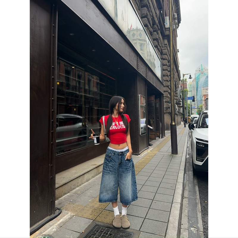 KKSHOP美式高街闪电纹水洗做旧宽松设计直筒阔腿坠感七分牛仔裤