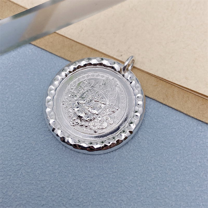 吊坠足银 9999黄财神坠圆牌实心纯银项链复古毛衣链男女情侣生日