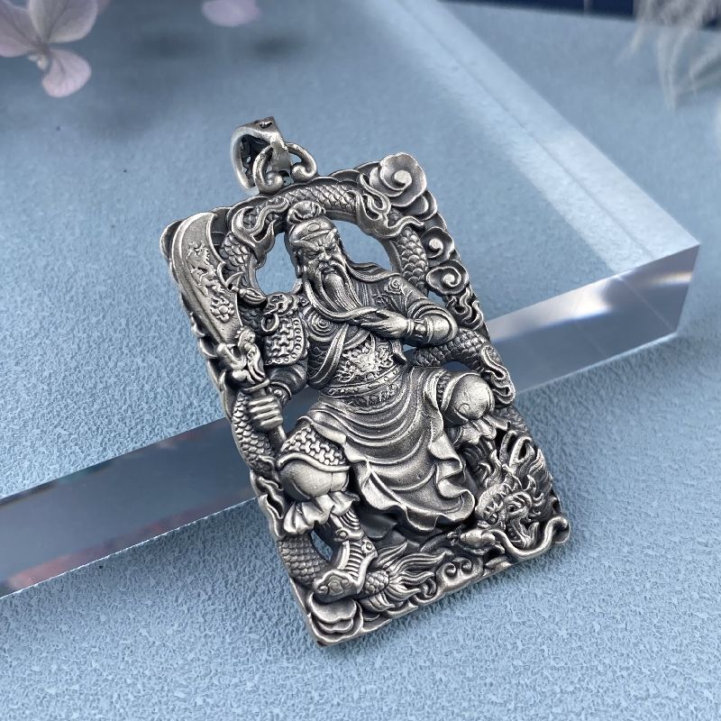 吊坠足银 999纯银关公吊坠镂空实心关公踏龙武财神男士吊牌银项坠