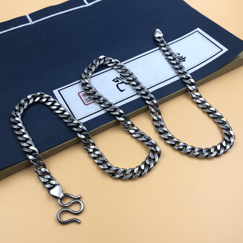 链子足银 复古999纯银韩版项链男士马鞭链扁平链银粗送男实心霸气