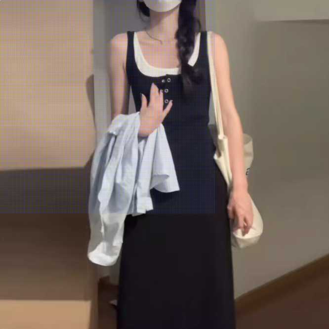 杂款女装连衣裙显瘦气质针织时尚夏季法式条纹拼接休闲黑色长款