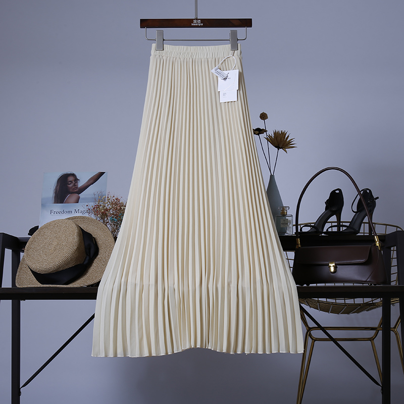 （两个裙长）显瘦高腰雪纺A字裙垂感百褶裙半身裙夏季长裙轻薄白色