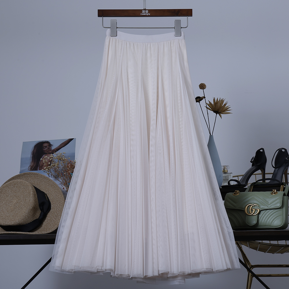 高腰显瘦垂感百搭松紧腰A字大摆拼结网纱裙仙女裙纱裙半身裙新款