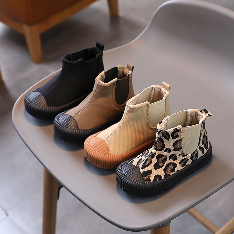 儿童高帮帆布鞋加绒男女童豹纹百搭马丁短靴宝宝棉鞋韩版饼干鞋潮