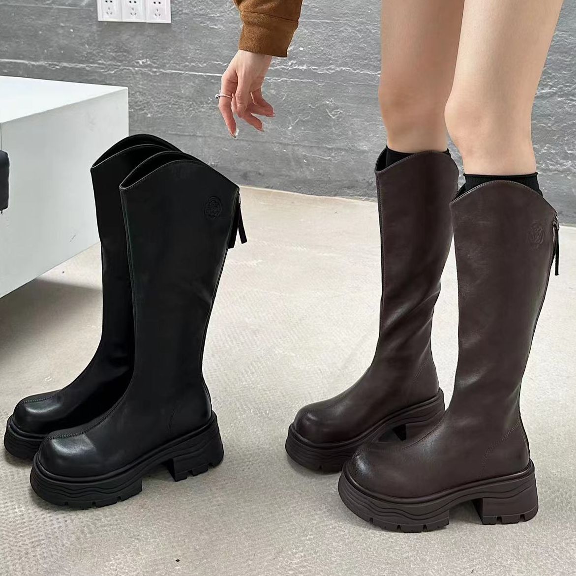 小个子瘦瘦靴复古软皮厚底粗跟不过膝骑士靴 A2318