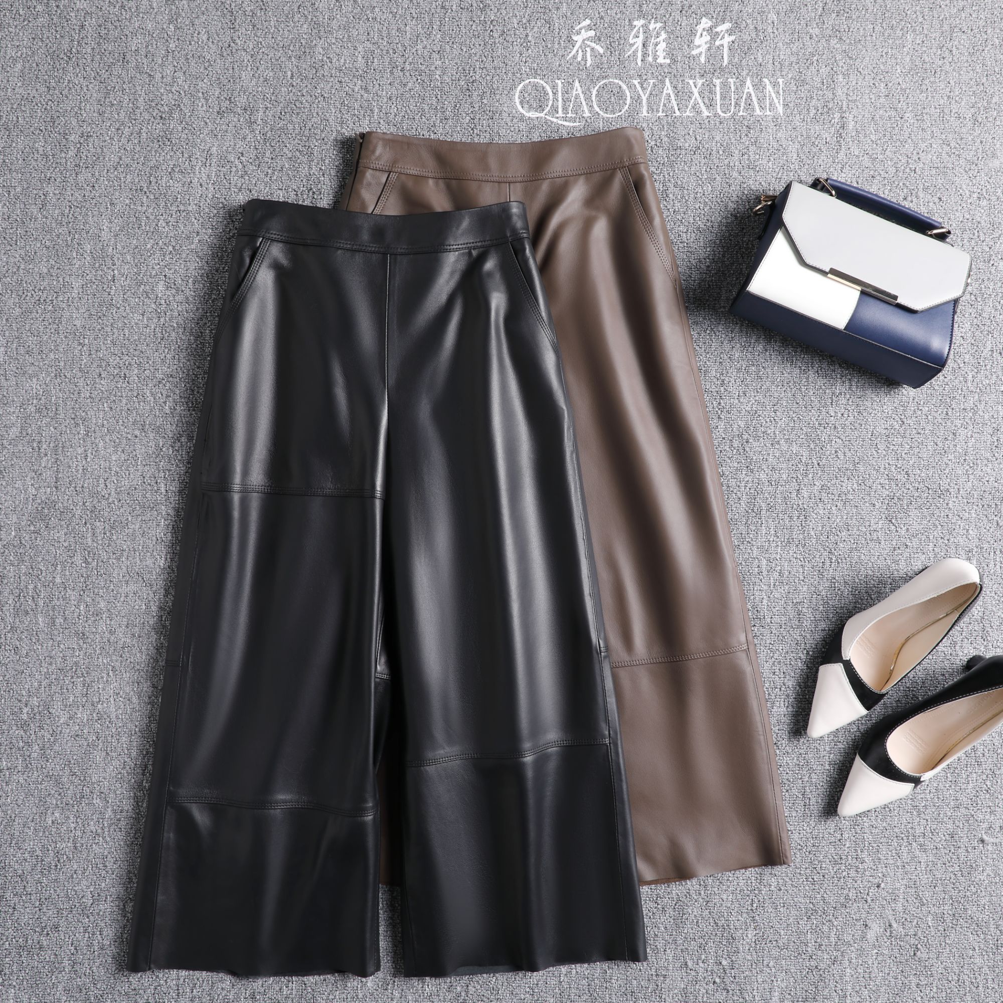 2024秋冬新品绵羊皮真皮皮裤女高腰显瘦百搭阔腿裤不对称九分长裤