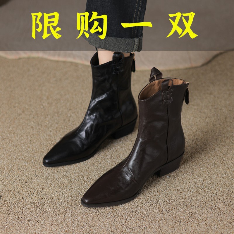 百丽纯爱手工抓皱V口西部牛仔靴女靴子尖头复古春秋小短靴洋气