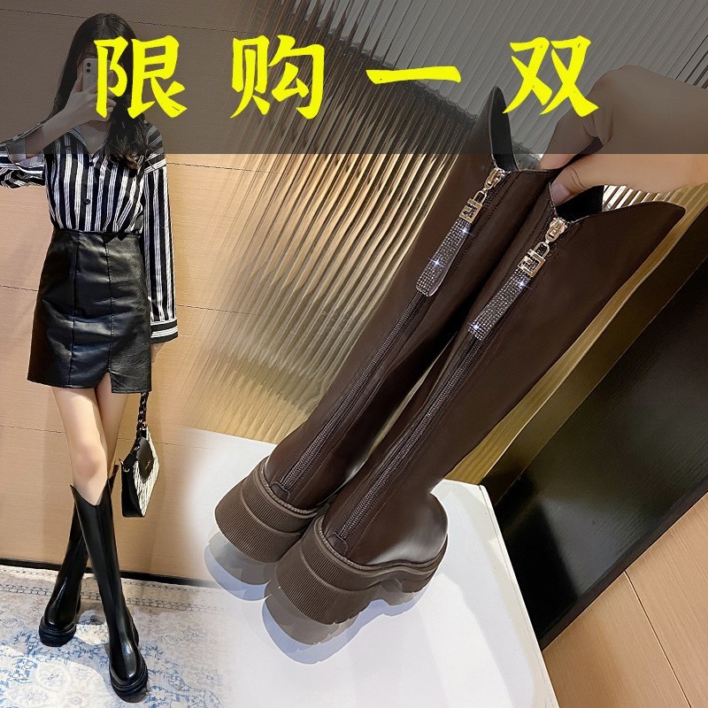 百丽纯爱不过膝长靴女秋款2023新款长筒马丁靴百搭粗跟高筒瘦瘦
