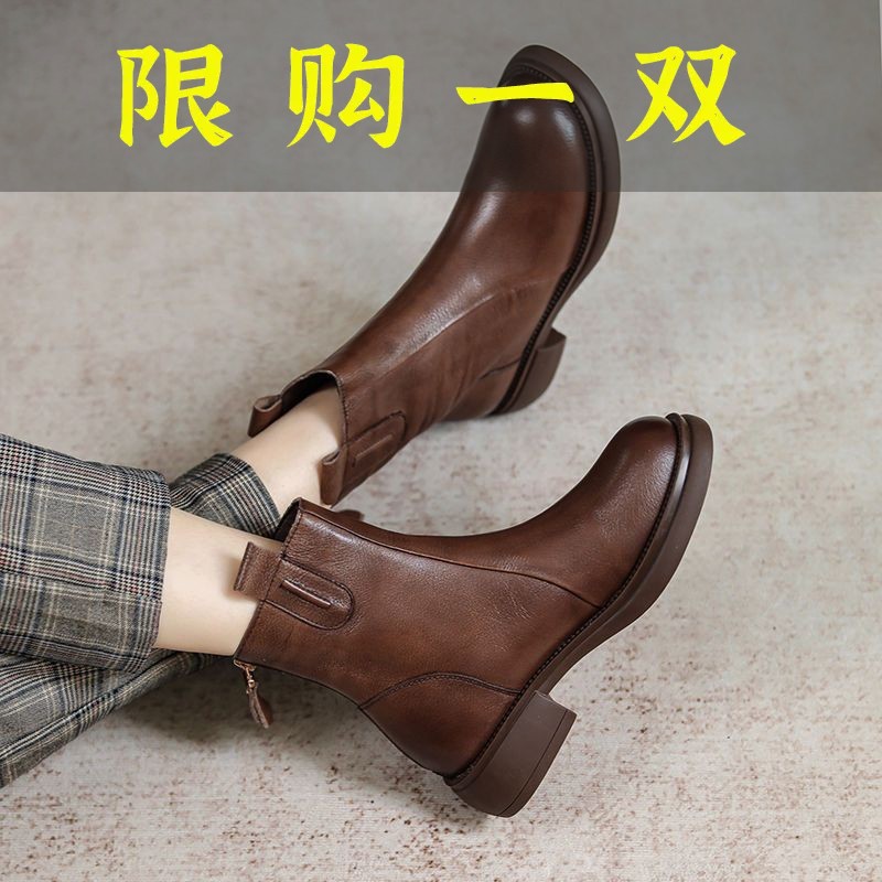 百丽纯爱秋冬新款靴子复古英伦风马丁靴真皮保暖炸街后拉链加绒