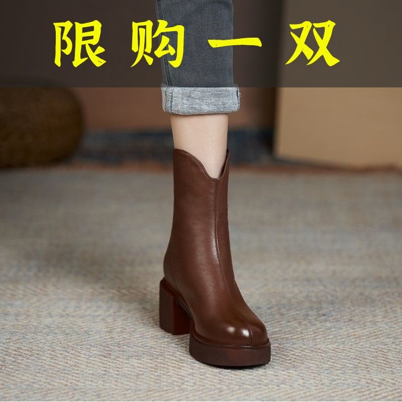 百丽纯爱真软皮高跟马丁靴新款秋冬粗跟加绒皮靴保暖短靴厚底中