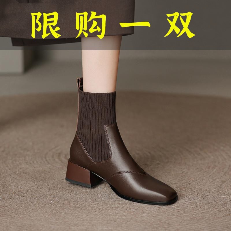 百丽纯爱复古针织弹力瘦瘦靴2023年新款粗跟方头马丁靴女百搭切