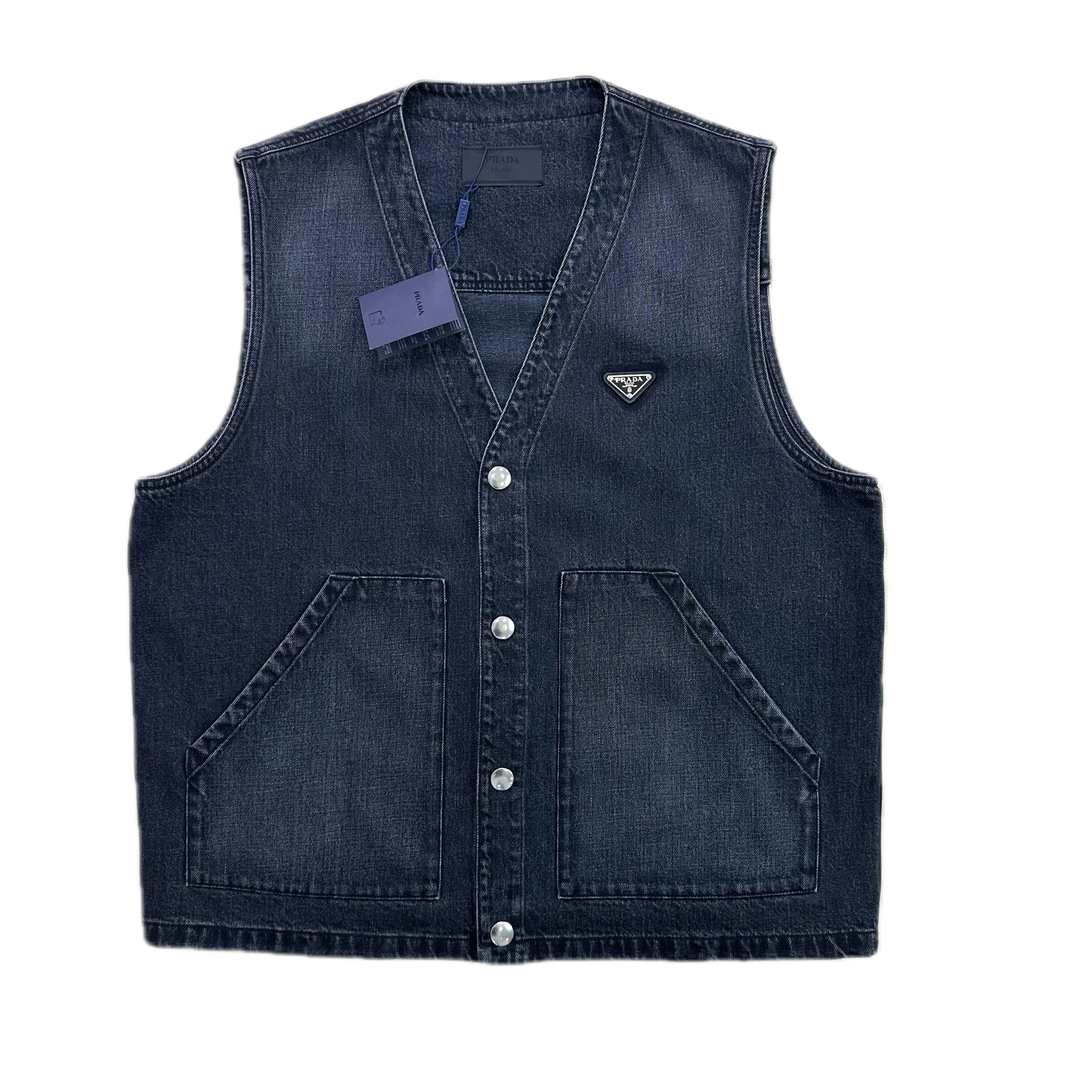 全新未使用 Prada/普拉达 prada新款三角标水洗黑牛仔马甲xl码