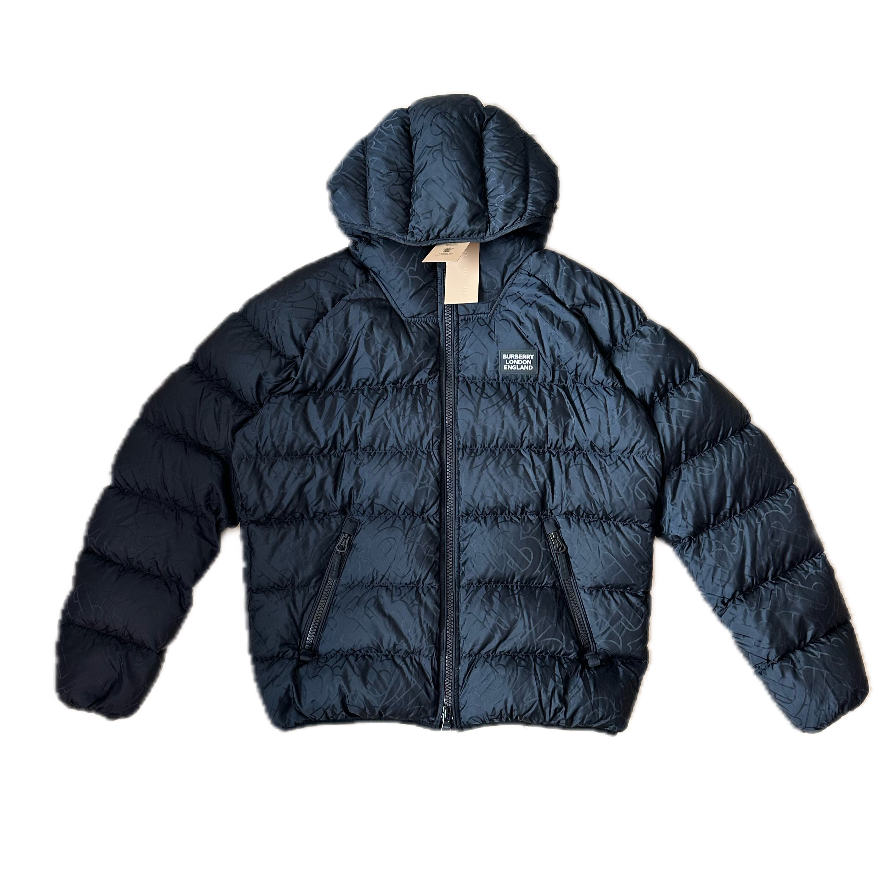 99新 BURBERRY/博柏利 burberry黑色暗纹满印logo厚款羽绒服L码