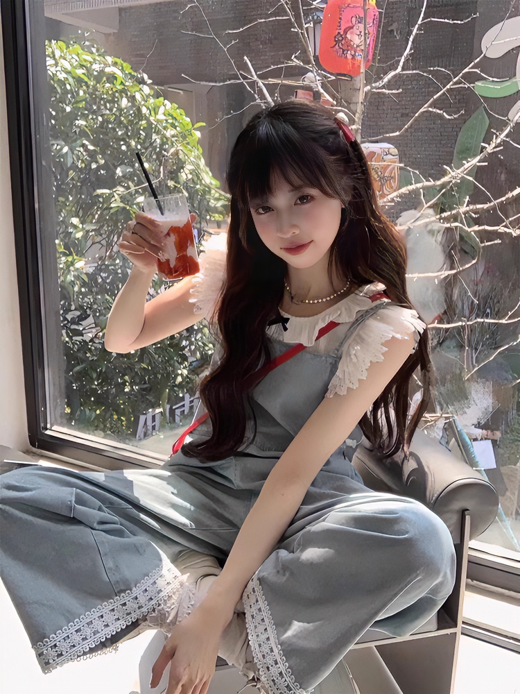 奶系牛仔背带裤女春夏宽松显瘦减龄小个子学生可爱休闲阔腿连体裤