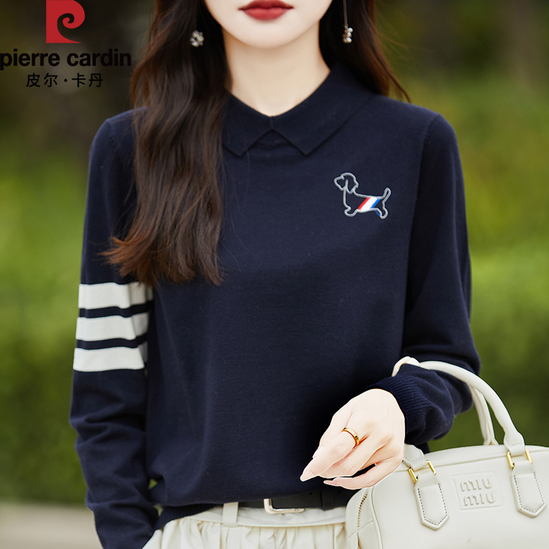 皮尔卡丹新款时尚翻领刺绣小狗针织衫休闲百搭打底衫上衣女