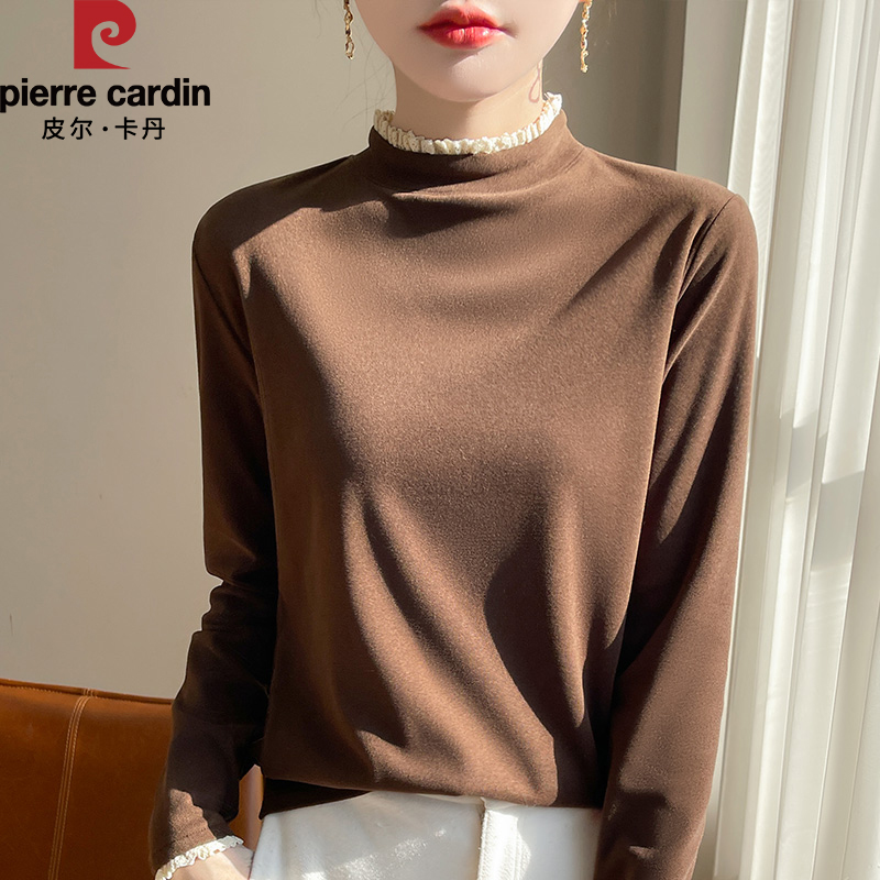 皮尔卡丹新款秋冬新款半高领长袖时尚打底纯色洋气百搭拼接卫衣女