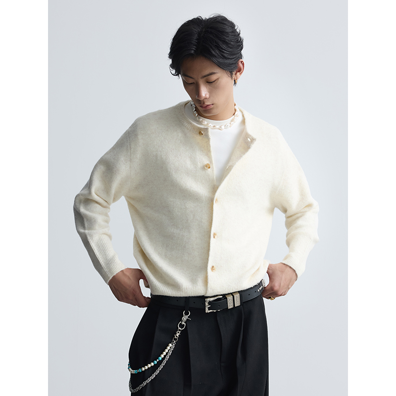 TAICHIISM羊毛混纺开衫纽扣针织圆领双色双纱开衫秋冬款百搭毛衣