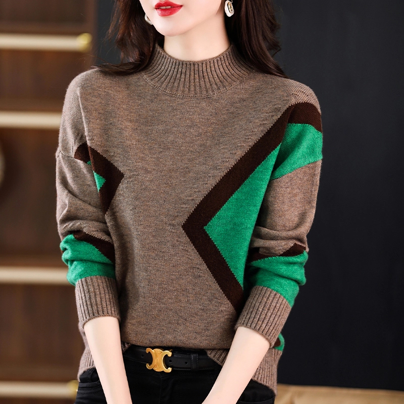2024年新款女士半高领拼色毛衣时尚洋气宽松百搭半高领针织衫长袖