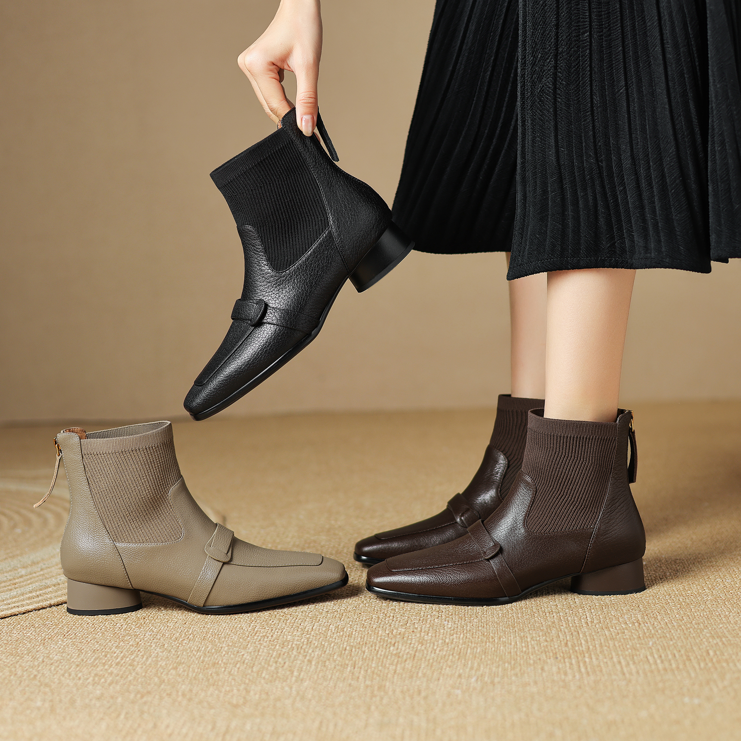 半坊手工女鞋|34-39|3.0cm|方头一字带法式复古后拉链粗跟短靴女