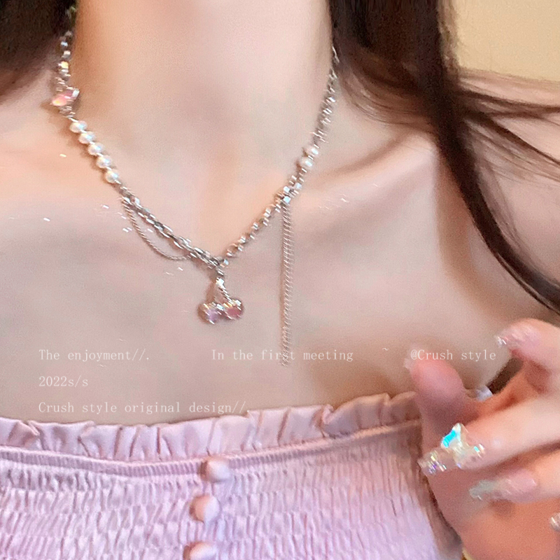 合金仿水晶项链 高级感粉色樱桃项链女轻奢小众潮甜酷辣妹