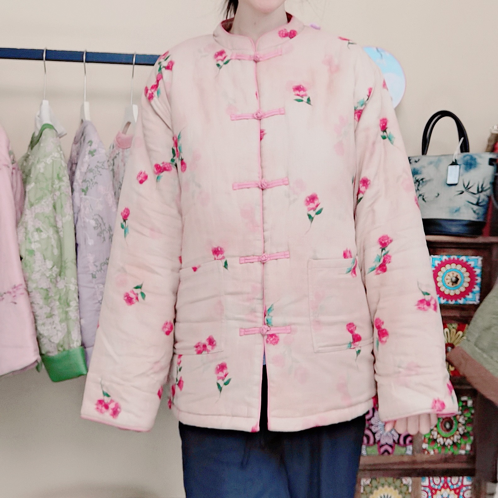 30121秋冬新款棉麻棉服加厚新中式国风外套晕染盘扣文艺复古棉衣