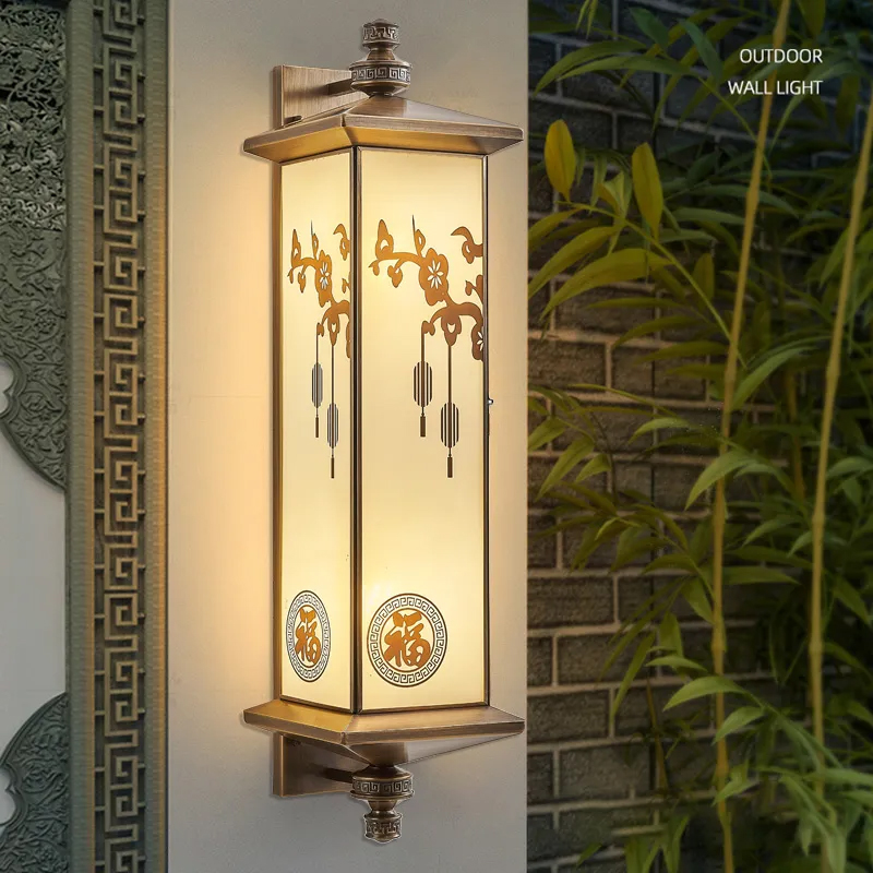 全铜太阳能壁灯户外新中式庭院防水花园别墅长款大门两侧外墙壁灯