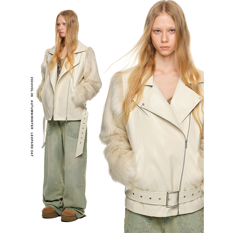 【轻仓】1JINN STUDIO 袖子拼毛宽松机车皮衣