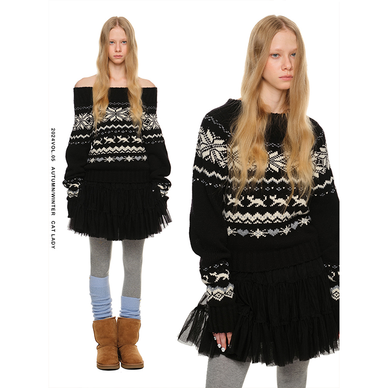 【24冬新Vol.1】1JINN STUDIO 复古提花粗织一字肩毛衣