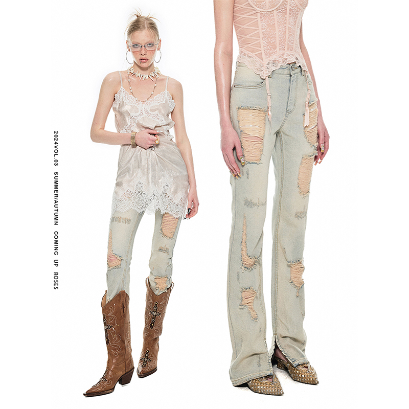 【迪迪Swag】1JINN STUDIO 视觉比例复古水洗破洞微喇修身牛仔裤