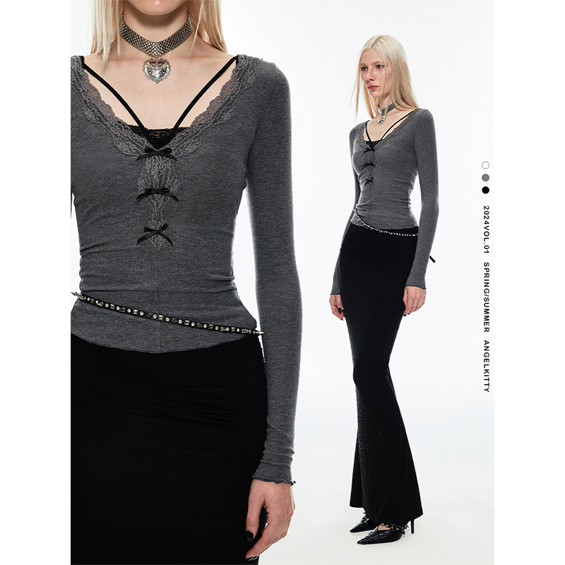 【佳佳】1JINN STUDIO 辣妹修身蝴蝶结花边V领针织打底