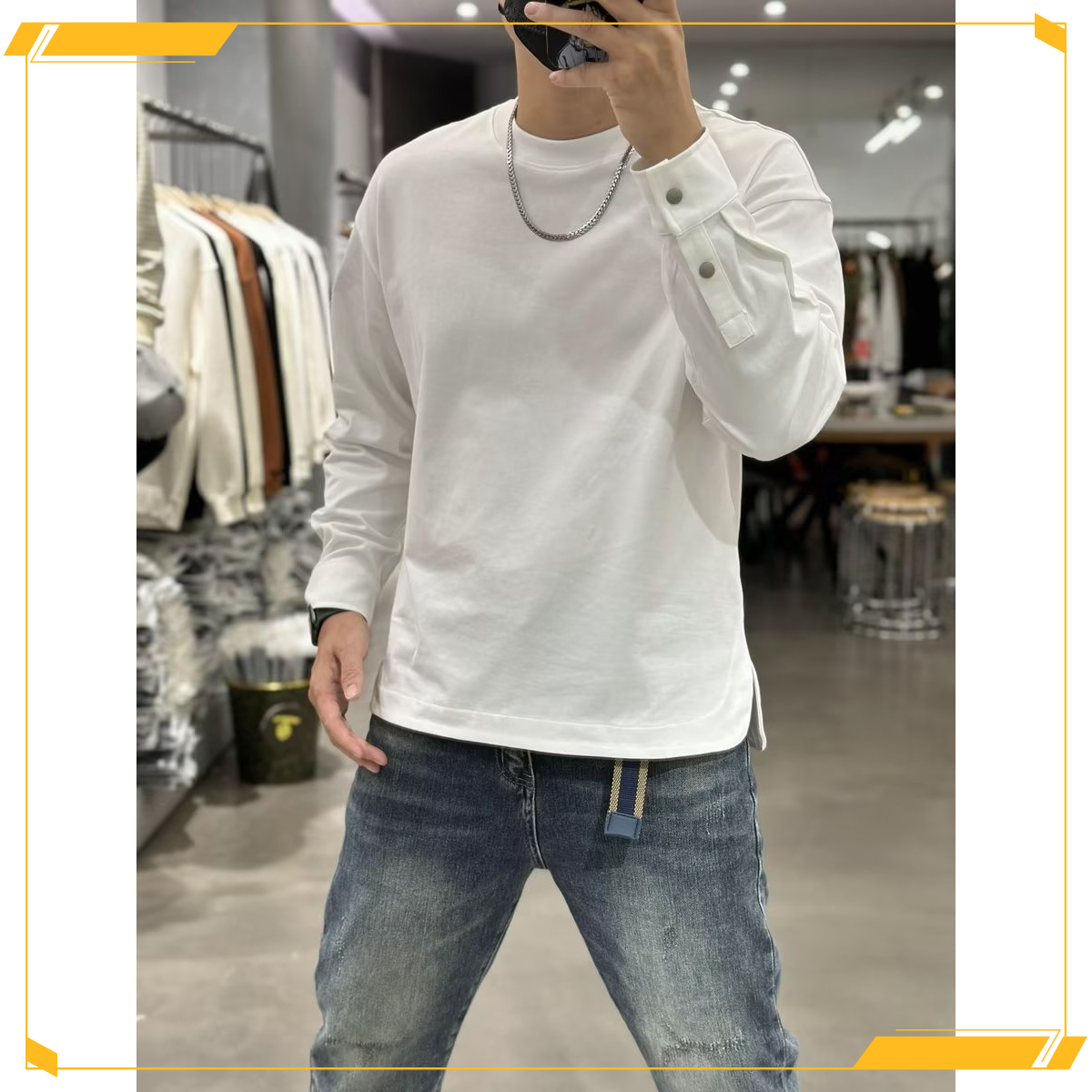 秋季男上衣卫衣男纯色打底衫潮流百搭宽松长袖黑白圆领T恤白色