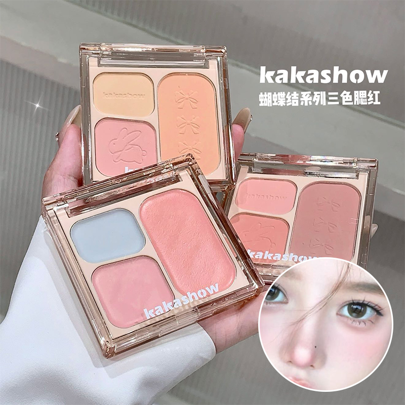 kakashow蝴蝶结三色腮红韩系粉嫩哑光腮蓝膨胀收缩色推荐腮红膏