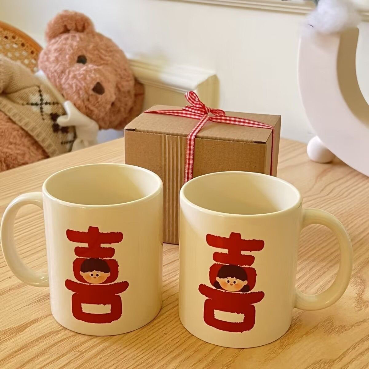 喜字马克杯情侣水杯子一对小众新婚礼物布置牛奶早餐陶瓷杯耐高温