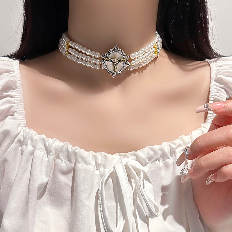 合金仿珍珠项链 X3038-1轻奢女王法式复古项链女款小众气质锁骨链