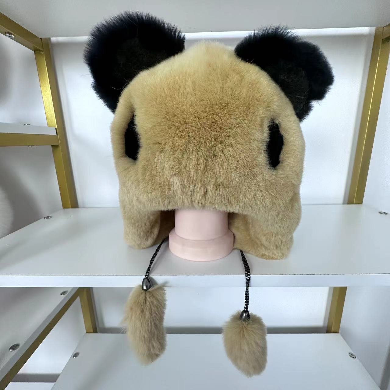 冬季獭兔毛皮草熊猫帽真皮可爱亲子卡通毛茸保暖防风防寒儿童帽子