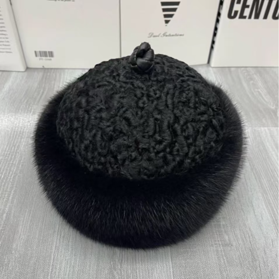 整貂水貂毛羊羔毛贝勒帽休闲百搭时尚保暖护耳黑色冬季