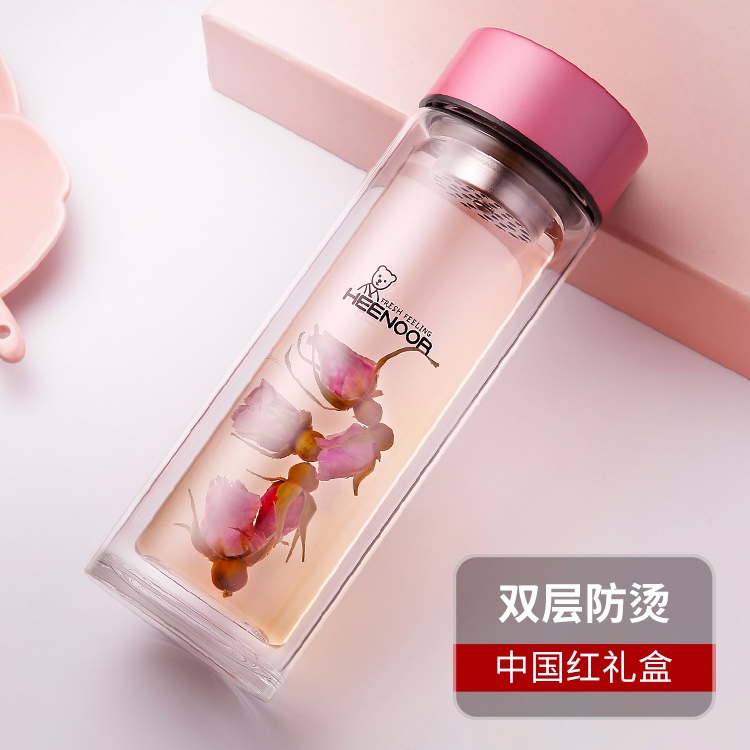希诺双层玻璃杯家用女带滤网个性潮流清新花茶杯隔热防烫便携水杯