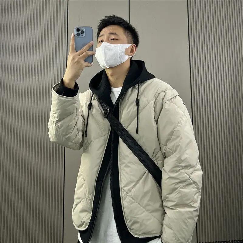 新款2023服秋冬新款连帽假两件服男时尚百搭拼接痞帅加厚