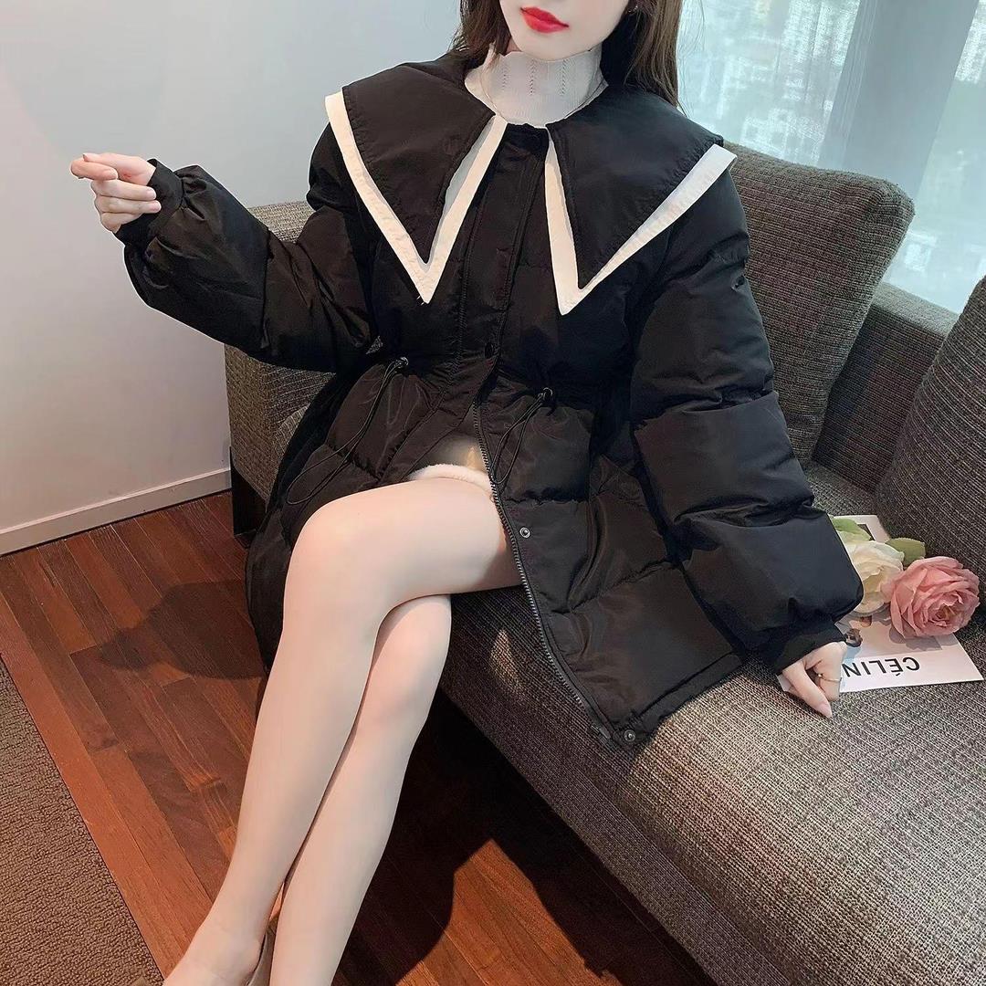 海军领收腰羽绒棉羽绒服女冬季中长款2023年新款撞色加厚